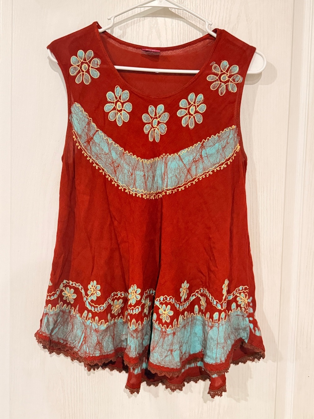 Fashion Terminal Embroidered Orange  Sleeveless Boho Top with Turquoise Accents
